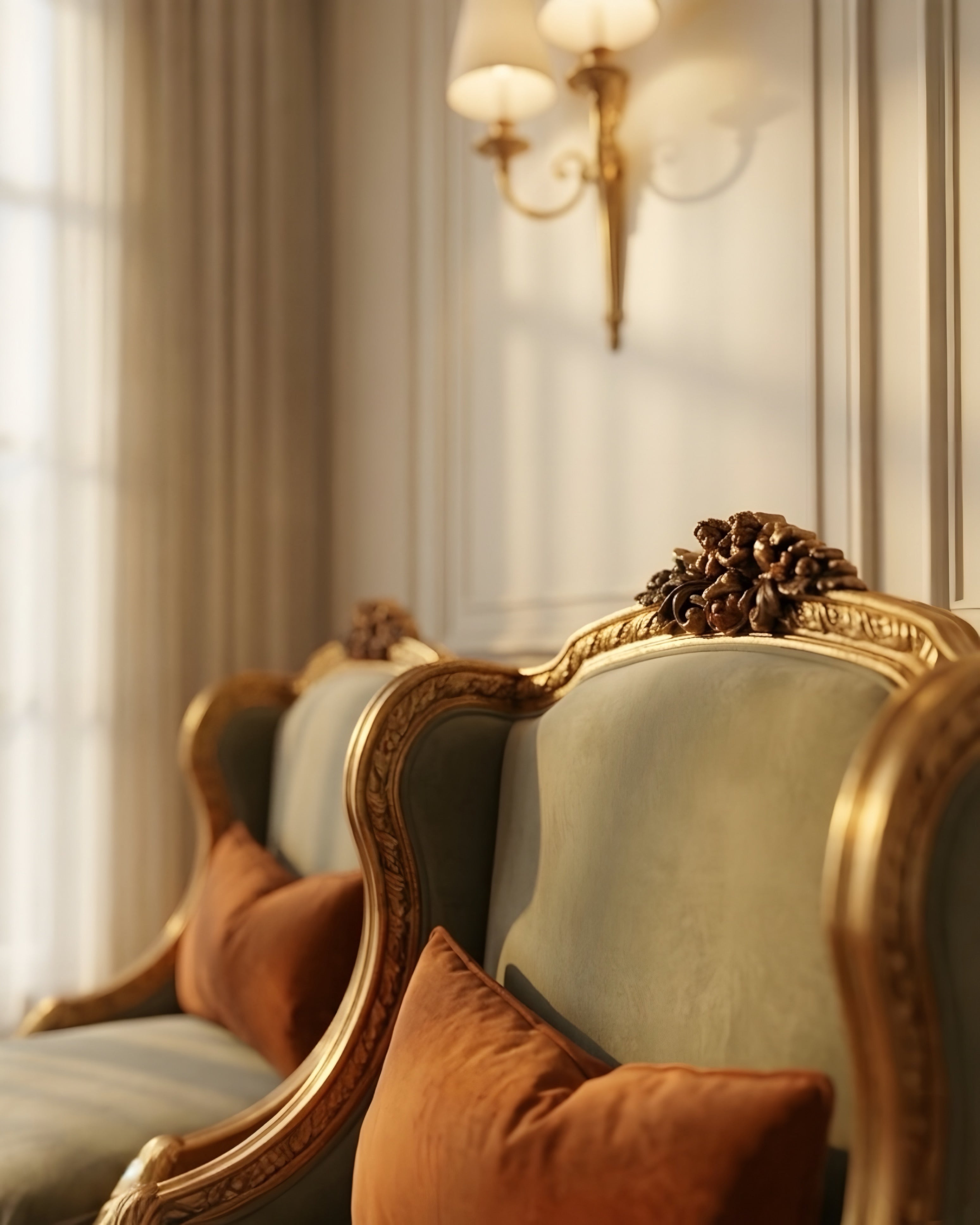 Mini Classic Salon Set – 4 Pieces | Zan Wood, Gold Leaf Finish, Olive Velvet Sofa & Chairs