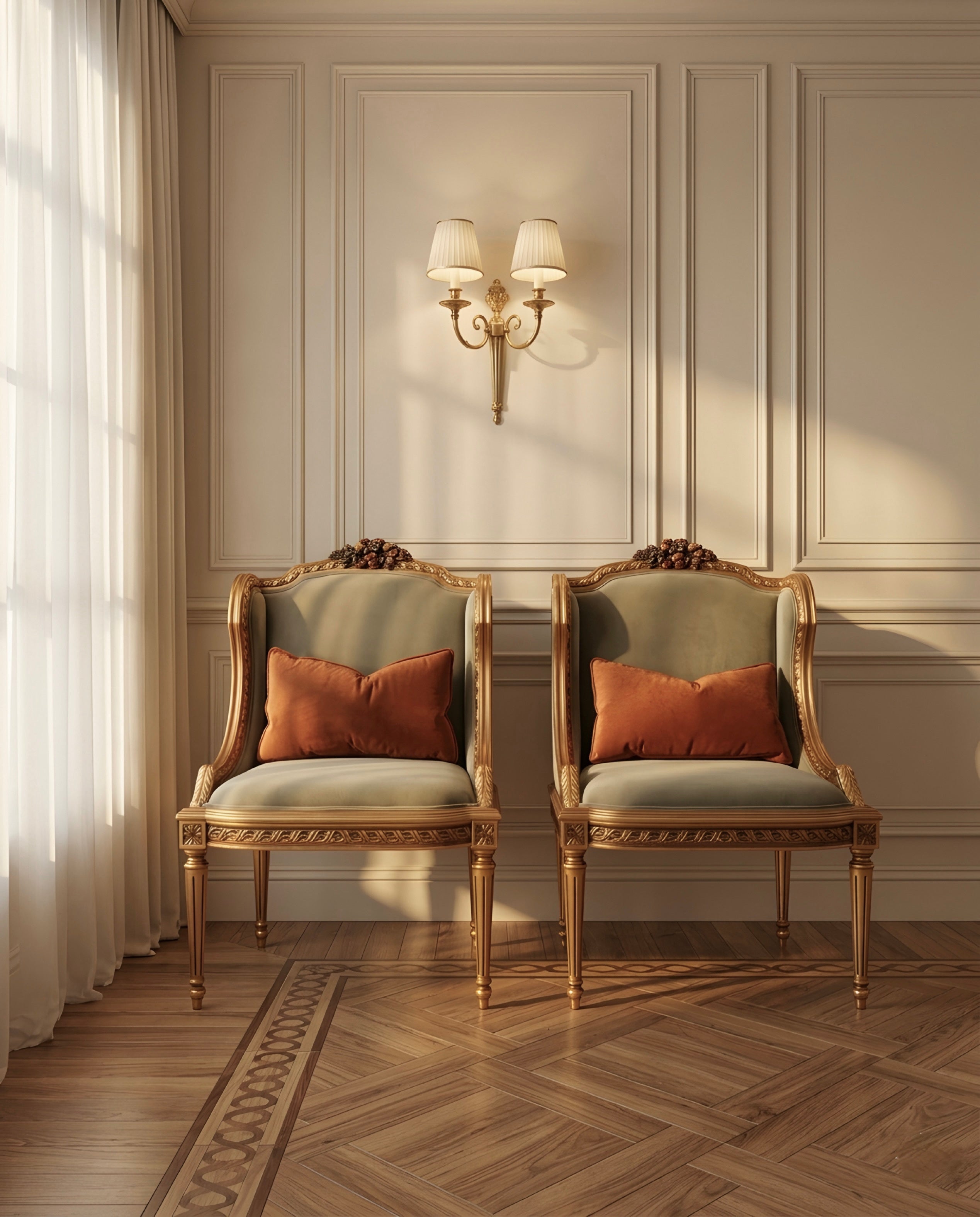 Mini Classic Salon Set – 4 Pieces | Zan Wood, Gold Leaf Finish, Olive Velvet Sofa & Chairs