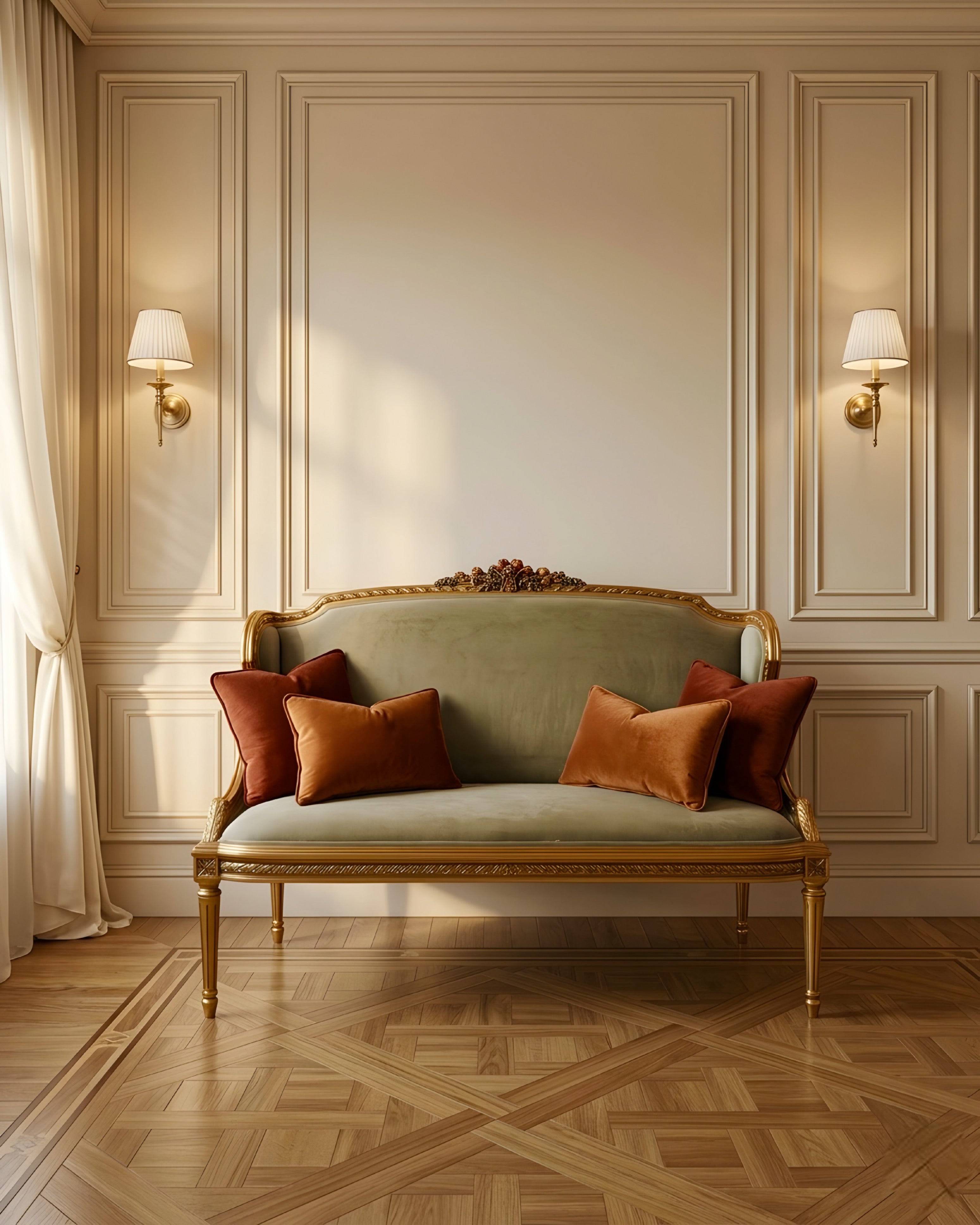 Mini Classic Salon Set – 4 Pieces | Zan Wood, Gold Leaf Finish, Olive Velvet Sofa & Chairs