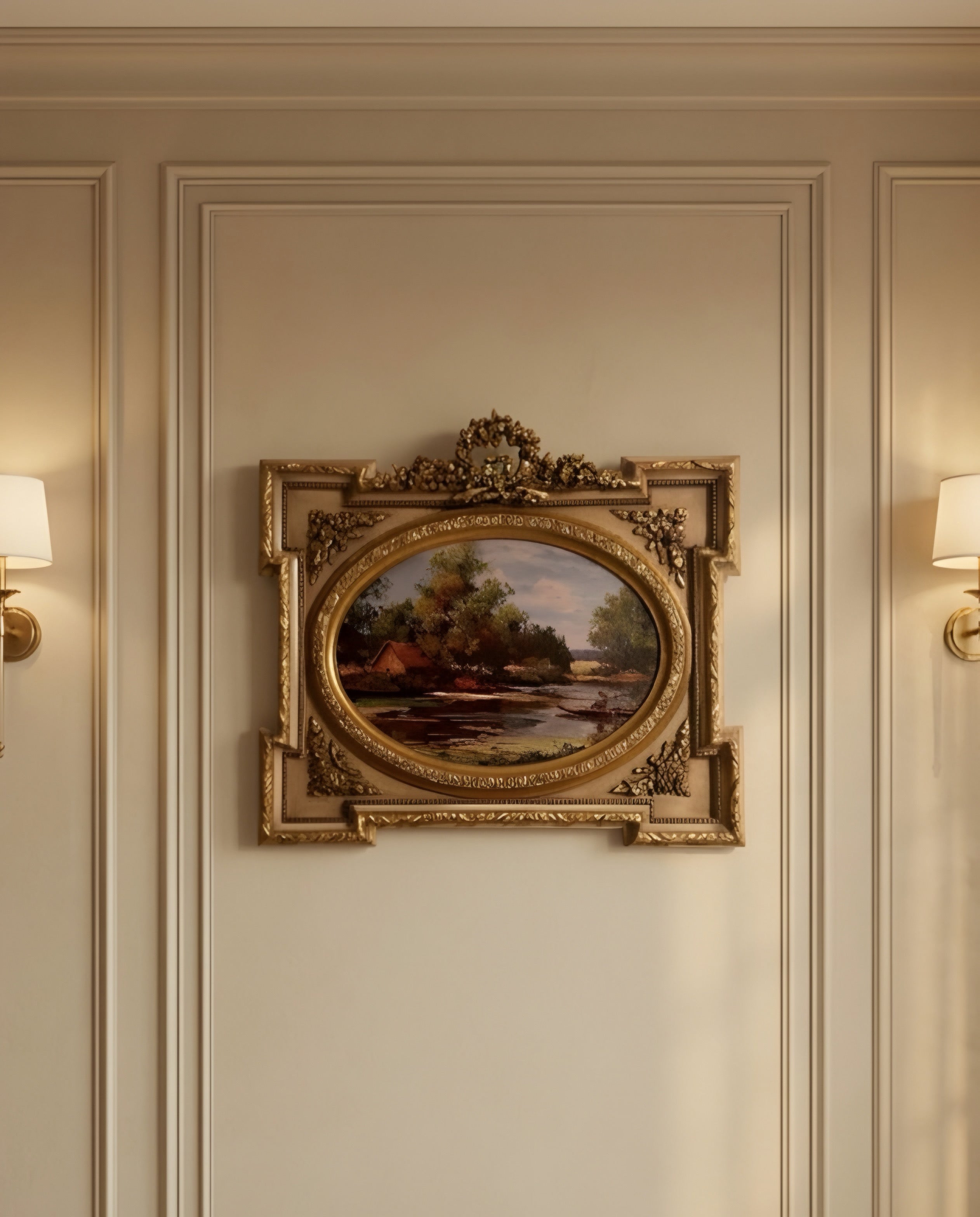 Landscape Wall Tableau – Off-White & Gold Leaf Frame