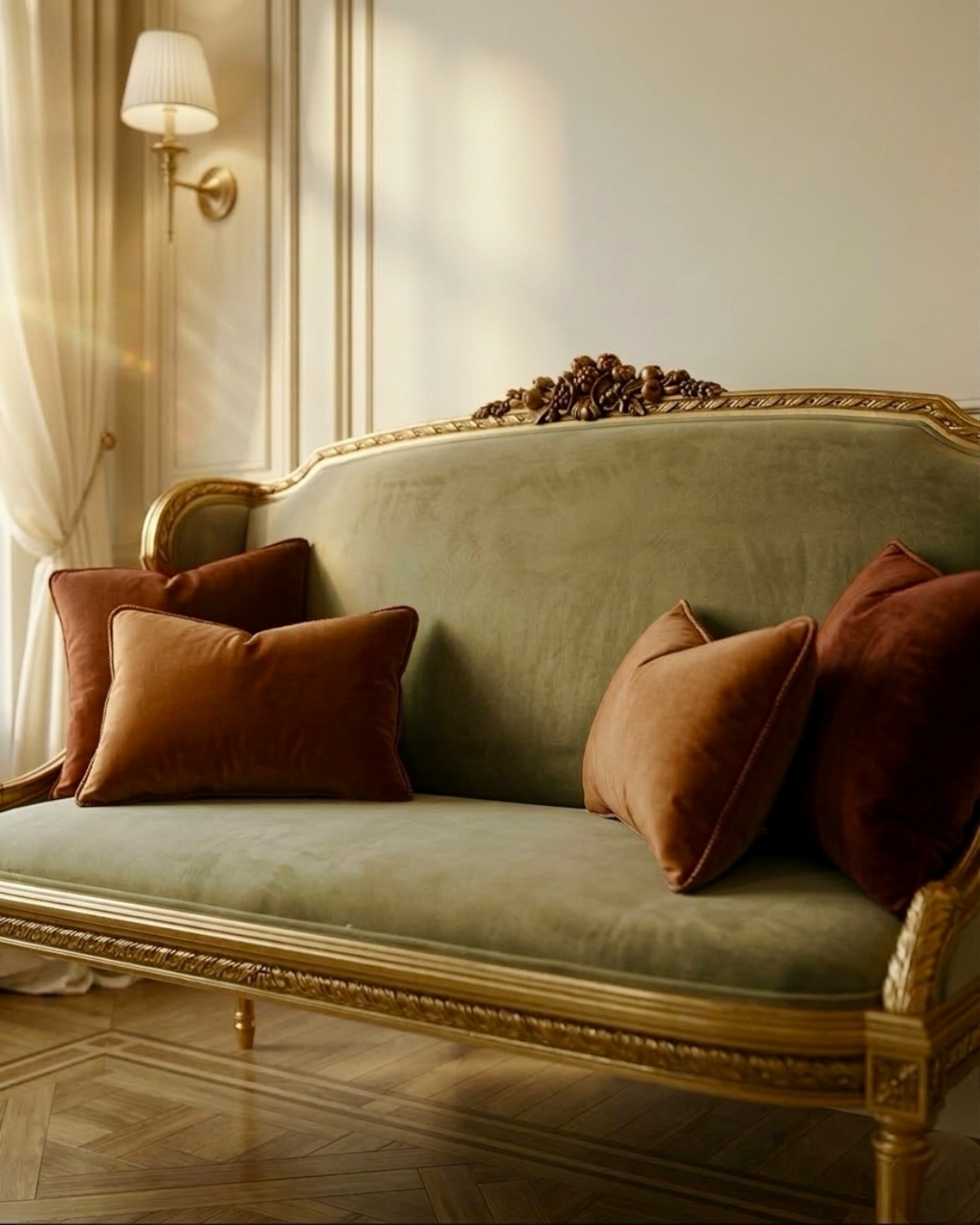 Mini Classic Salon Set – 4 Pieces | Zan Wood, Gold Leaf Finish, Olive Velvet Sofa & Chairs